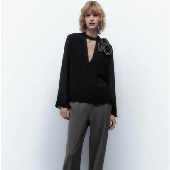 ZARA Black Chiffon Top with Embellished Flower Detail Size S NEW WITH TAG! - Picture 2 of 6